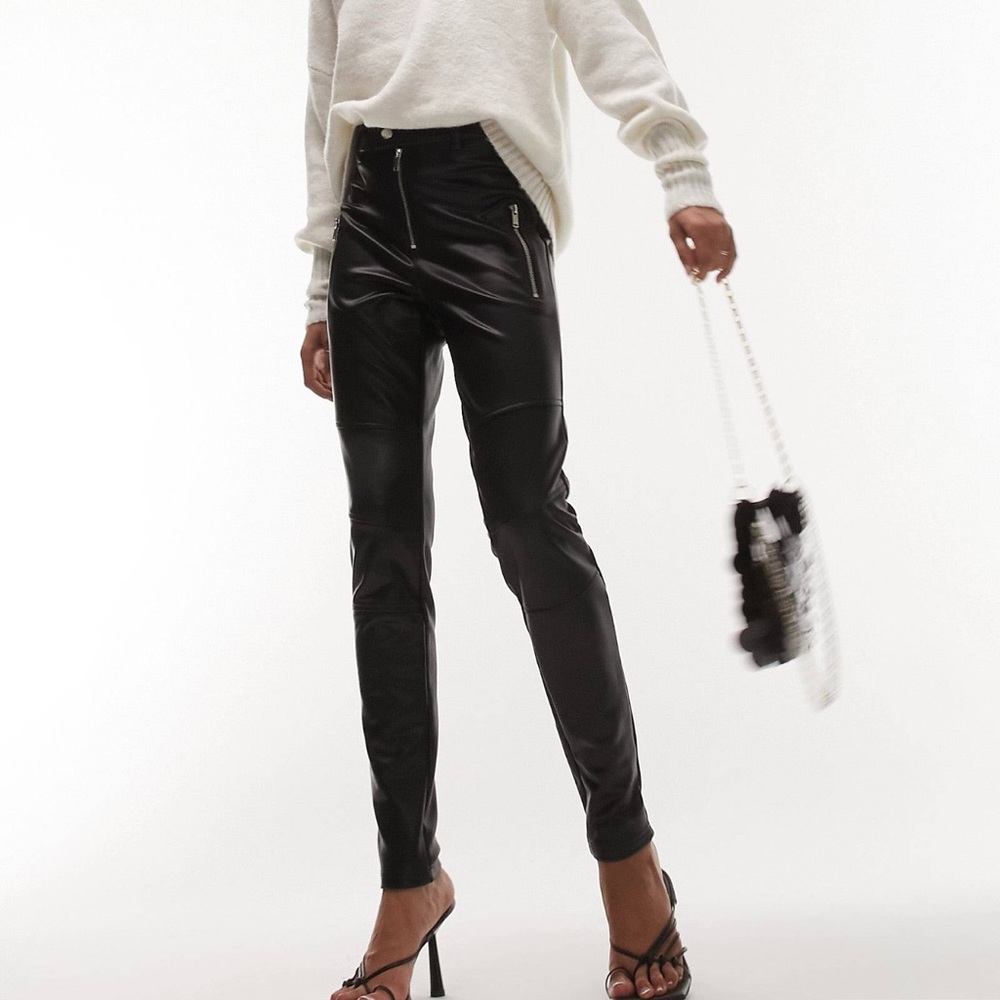 Topshop Faux Leather Black Moto Skinny Pants with Zipper Detail | EUC Size 12